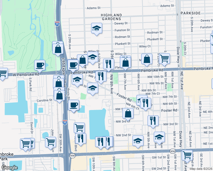 map of restaurants, bars, coffee shops, grocery stores, and more near 828 Northwest 10th Street in Hallandale Beach