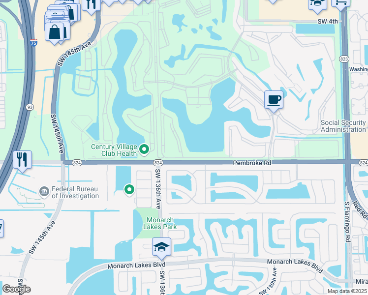 map of restaurants, bars, coffee shops, grocery stores, and more near 1401 Southwest 134th Way in Pembroke Pines