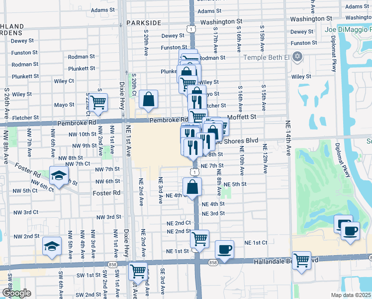 map of restaurants, bars, coffee shops, grocery stores, and more near 805 Atlantic Shores Boulevard in Hallandale Beach
