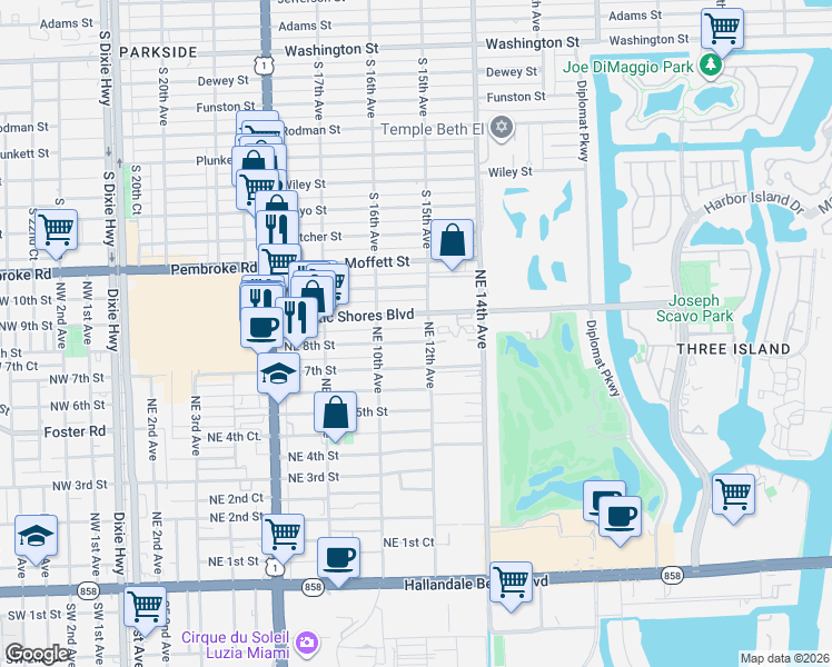 map of restaurants, bars, coffee shops, grocery stores, and more near 1001 Atlantic Shores Boulevard in Hallandale Beach
