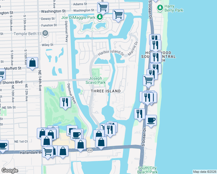 map of restaurants, bars, coffee shops, grocery stores, and more near 807 Northeast 26th Avenue in Hallandale Beach