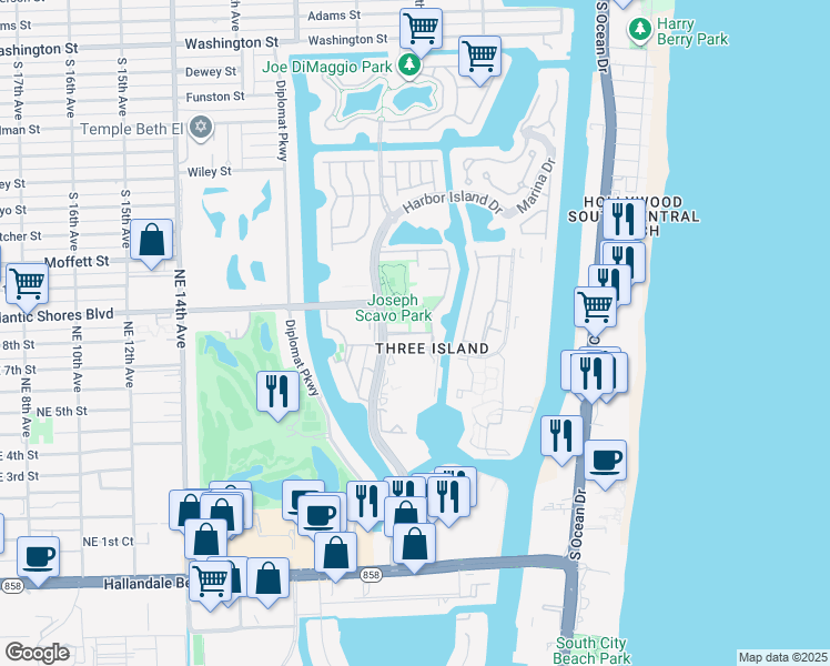 map of restaurants, bars, coffee shops, grocery stores, and more near 801 Northeast 25th Avenue in Hallandale Beach