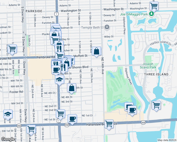 map of restaurants, bars, coffee shops, grocery stores, and more near 1001 Atlantic Shores Boulevard in Hallandale Beach