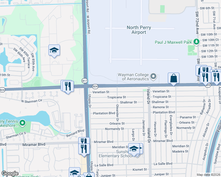 map of restaurants, bars, coffee shops, grocery stores, and more near 7912 Pembroke Road in Miramar