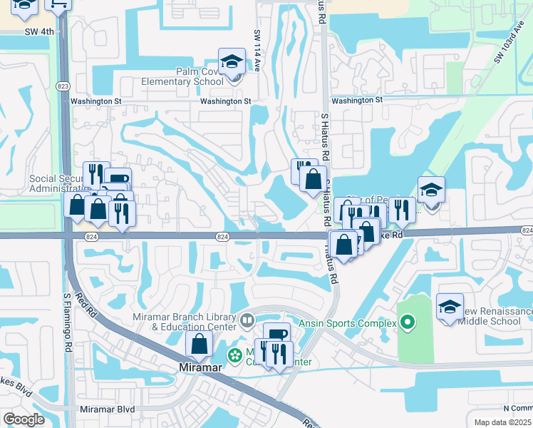 map of restaurants, bars, coffee shops, grocery stores, and more near 1359 Southwest 113th Avenue in Pembroke Pines