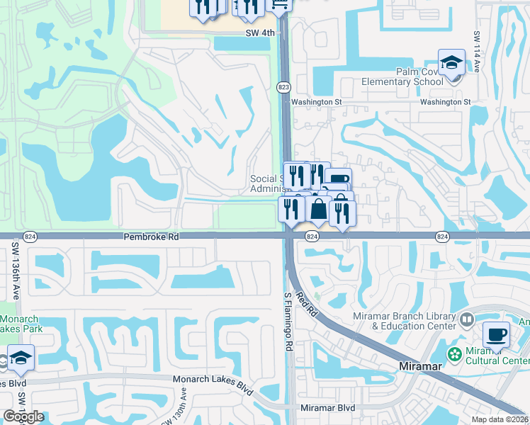 map of restaurants, bars, coffee shops, grocery stores, and more near 12550 Southwest 15th Street in Pembroke Pines