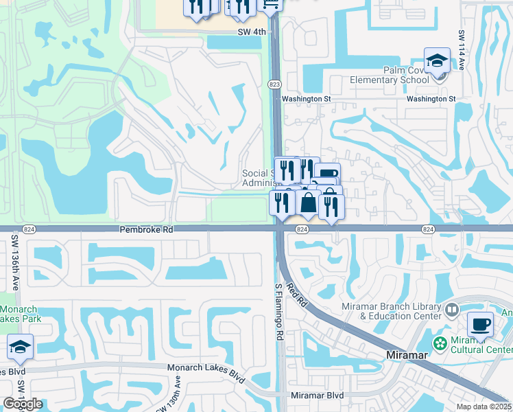map of restaurants, bars, coffee shops, grocery stores, and more near 12550 Southwest 15th Street in Pembroke Pines