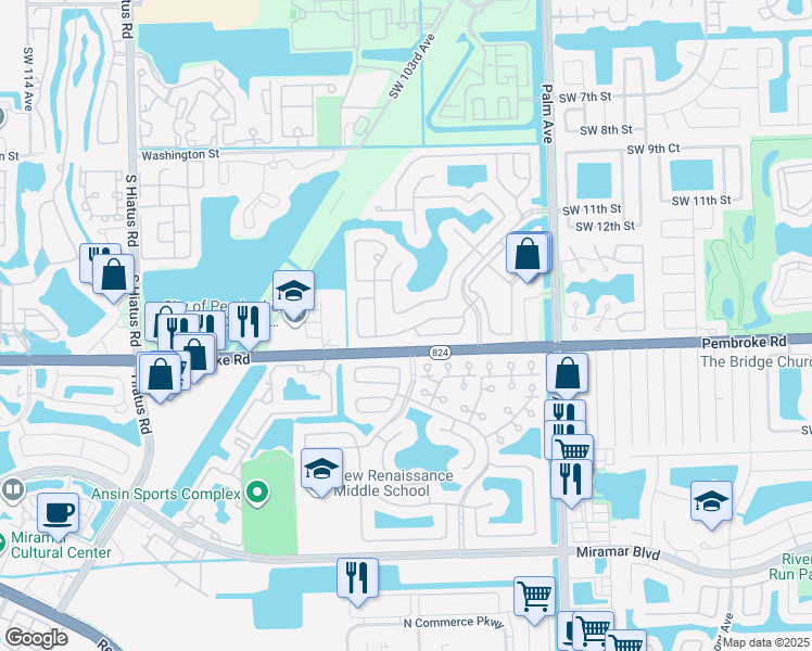 map of restaurants, bars, coffee shops, grocery stores, and more near 10397 Southwest 16th Street in Pembroke Pines