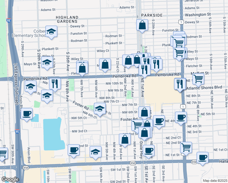 map of restaurants, bars, coffee shops, grocery stores, and more near 318 Northwest 9th Street in Hallandale Beach