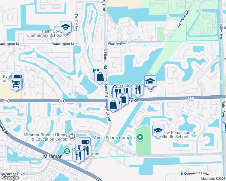 map of restaurants, bars, coffee shops, grocery stores, and more near 1601 South Hiatus Road in Pembroke Pines