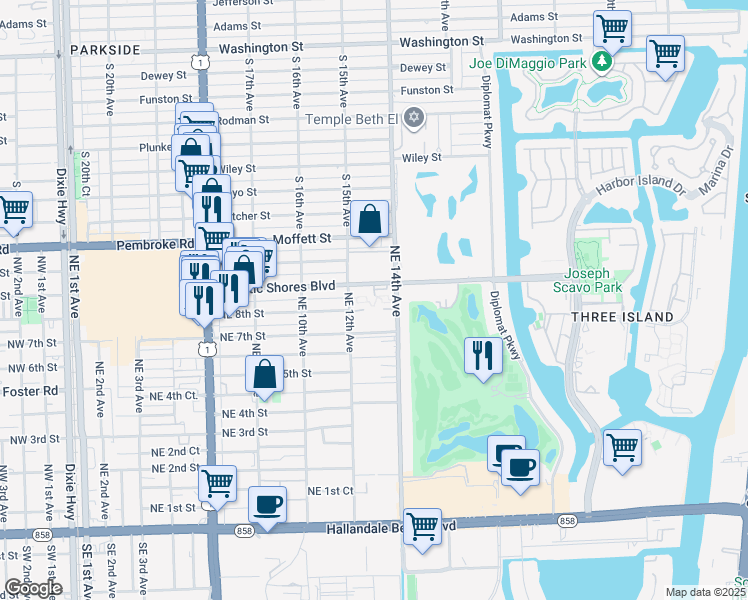 map of restaurants, bars, coffee shops, grocery stores, and more near 1250 Atlantic Shores Boulevard in Hallandale Beach