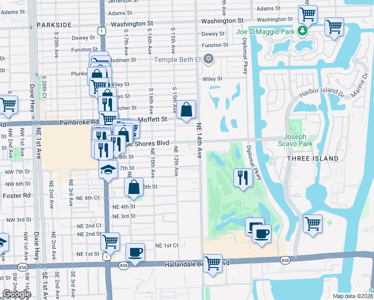 map of restaurants, bars, coffee shops, grocery stores, and more near 1250 Atlantic Shores Boulevard in Hallandale Beach