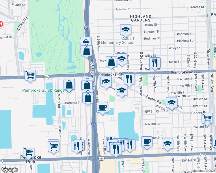map of restaurants, bars, coffee shops, grocery stores, and more near 1043 Northwest 8th Street in Hallandale Beach