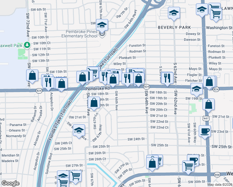 map of restaurants, bars, coffee shops, grocery stores, and more near 6610 Pembroke Road in Pembroke Pines