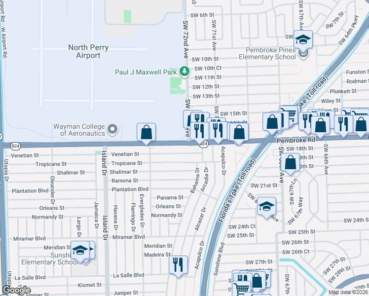 map of restaurants, bars, coffee shops, grocery stores, and more near in Pembroke Pines