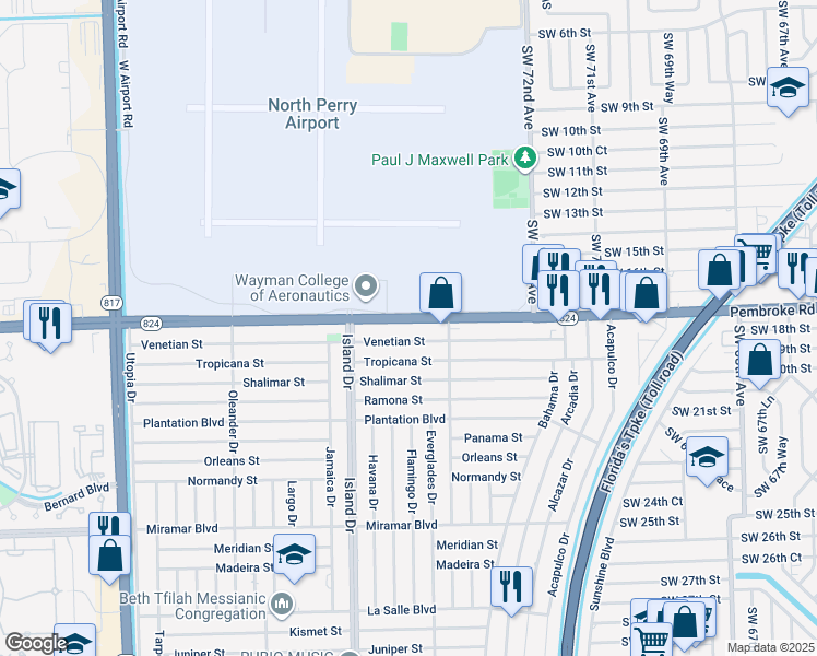 map of restaurants, bars, coffee shops, grocery stores, and more near 7491 South Airport Road in Pembroke Pines