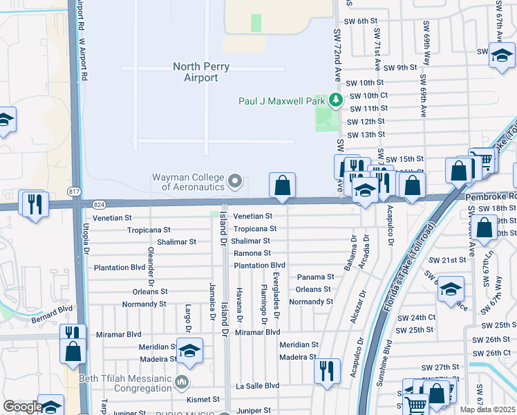 map of restaurants, bars, coffee shops, grocery stores, and more near 7491 South Airport Road in Pembroke Pines