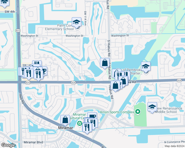 map of restaurants, bars, coffee shops, grocery stores, and more near 1359 Southwest 113th Avenue in Pembroke Pines