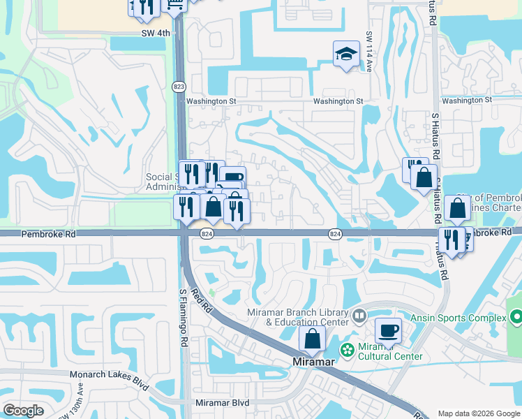 map of restaurants, bars, coffee shops, grocery stores, and more near 12017 Southwest 15th Street in Pembroke Pines