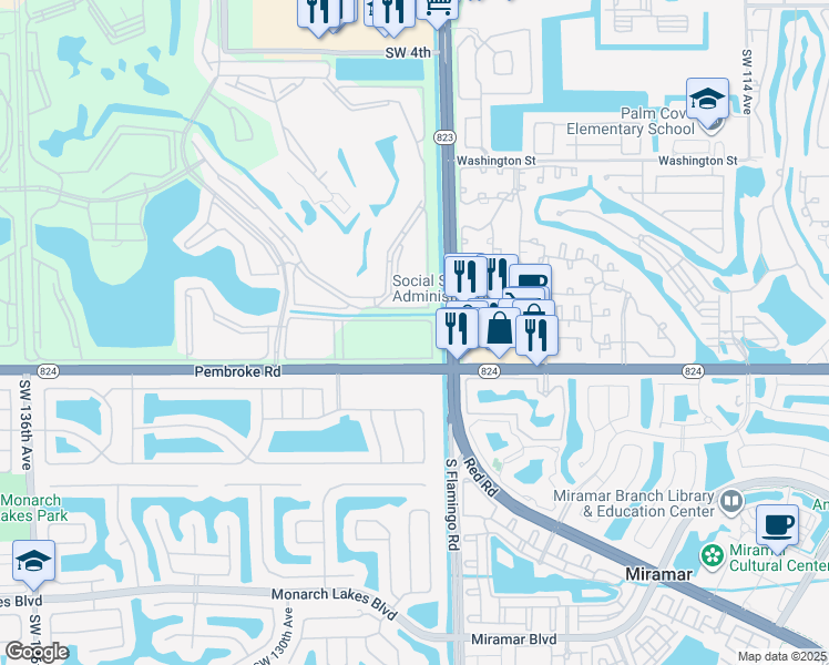 map of restaurants, bars, coffee shops, grocery stores, and more near 12550 Southwest 15th Street in Pembroke Pines