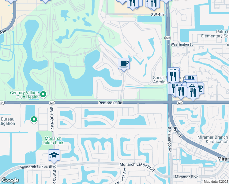 map of restaurants, bars, coffee shops, grocery stores, and more near 12901 Southwest 15th Court in Pembroke Pines