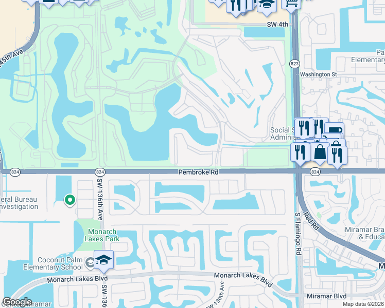 map of restaurants, bars, coffee shops, grocery stores, and more near 13001 Southwest 15th Court in Pembroke Pines