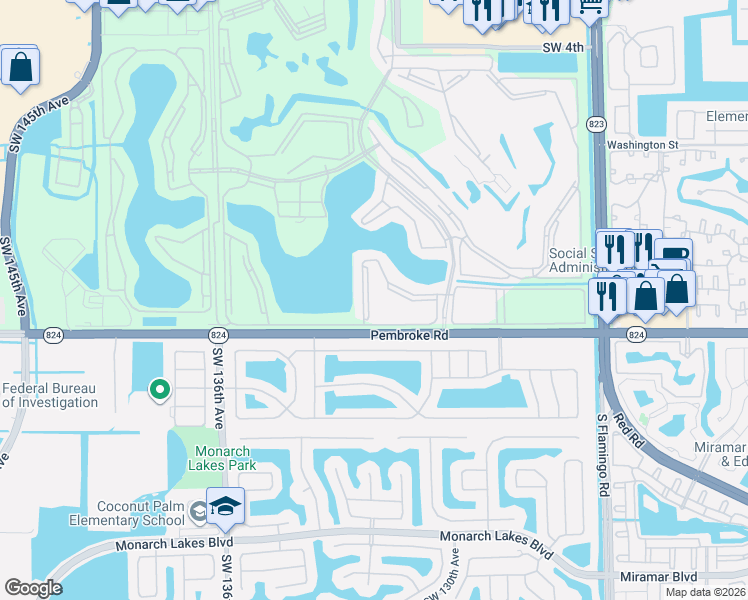 map of restaurants, bars, coffee shops, grocery stores, and more near 1501 Southwest 131st Way in Pembroke Pines