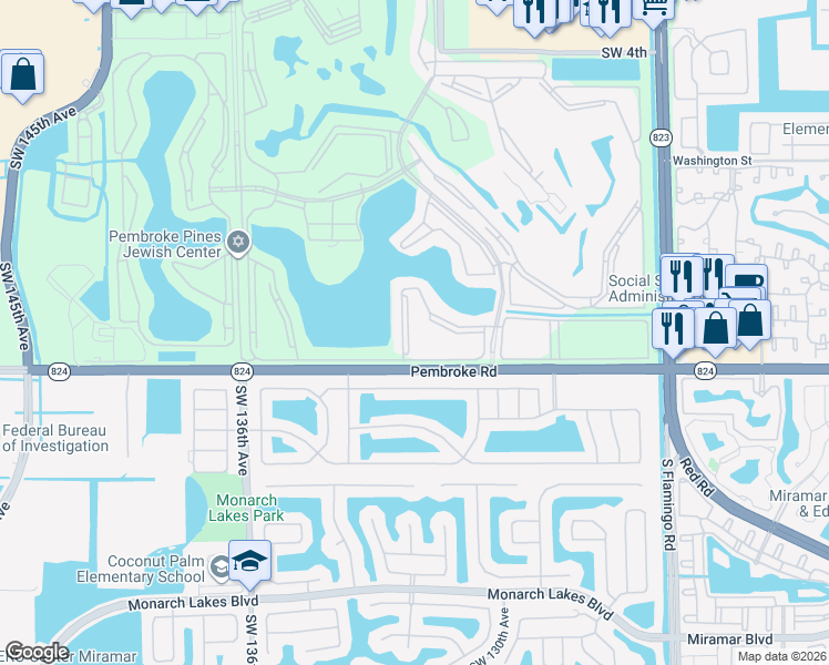 map of restaurants, bars, coffee shops, grocery stores, and more near 1501 Southwest 131st Way in Pembroke Pines