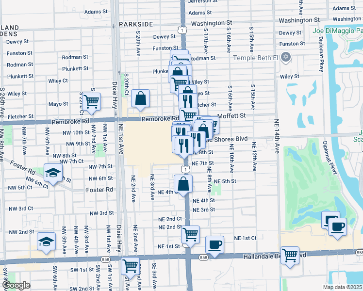 map of restaurants, bars, coffee shops, grocery stores, and more near 805 Atlantic Shores Boulevard in Hallandale Beach