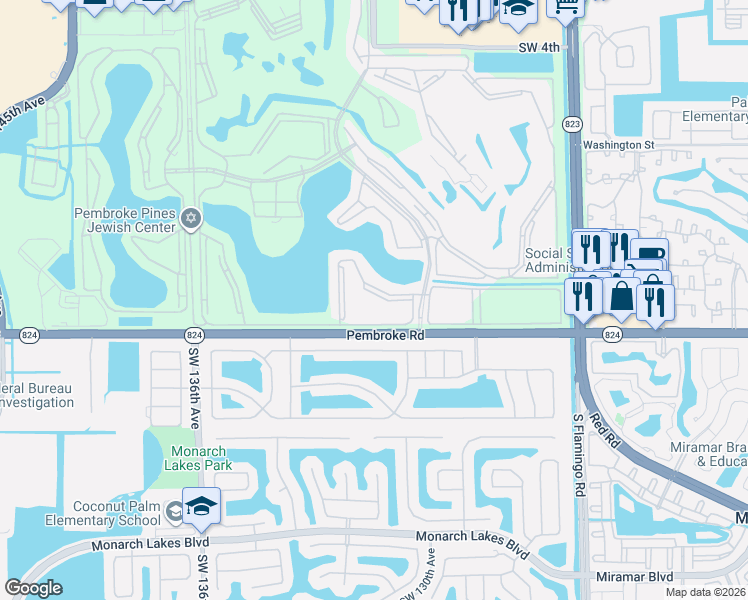 map of restaurants, bars, coffee shops, grocery stores, and more near 13000 Southwest 15th Court in Pembroke Pines