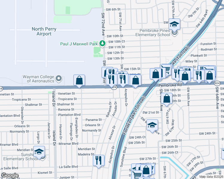 map of restaurants, bars, coffee shops, grocery stores, and more near 7151 Pembroke Road in Pembroke Pines