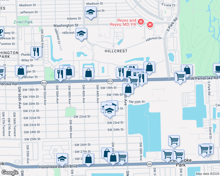 map of restaurants, bars, coffee shops, grocery stores, and more near 4200 Pembroke Road in Hollywood