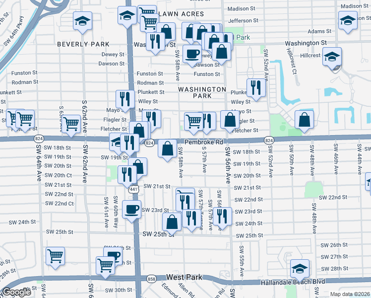 map of restaurants, bars, coffee shops, grocery stores, and more near 5730 Pembroke Road in Hollywood
