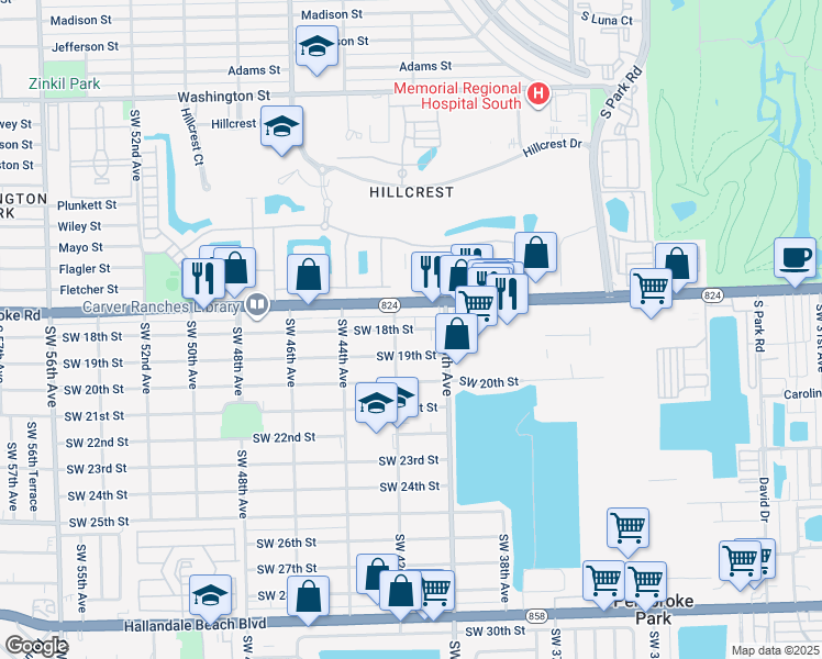 map of restaurants, bars, coffee shops, grocery stores, and more near 4200 Pembroke Road in Hollywood