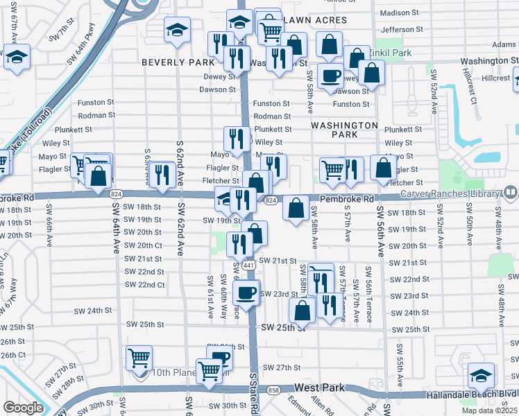 map of restaurants, bars, coffee shops, grocery stores, and more near 5930 Pembroke Road in West Park