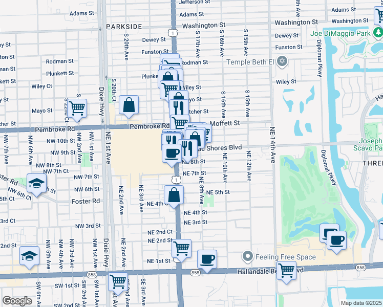 map of restaurants, bars, coffee shops, grocery stores, and more near 610 Atlantic Shores Boulevard in Hallandale Beach
