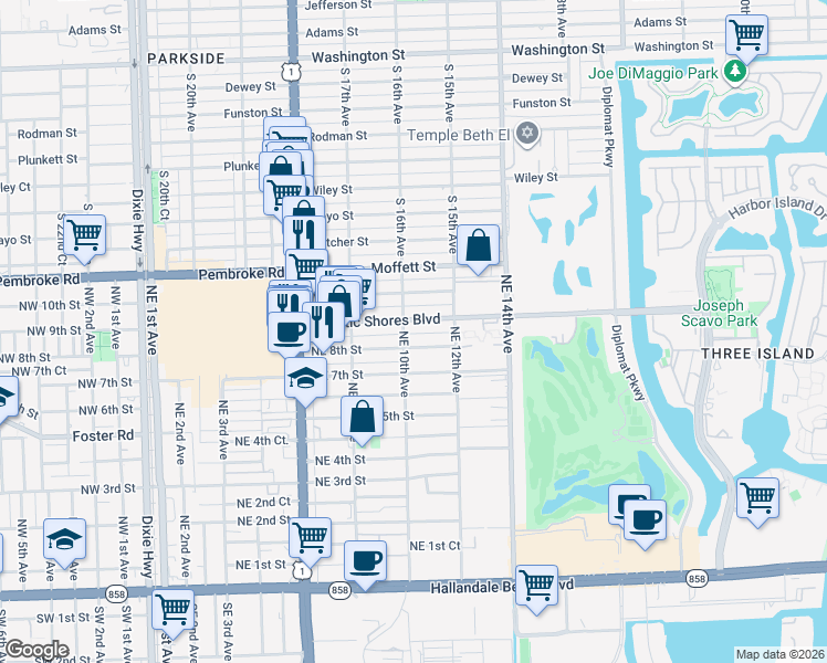 map of restaurants, bars, coffee shops, grocery stores, and more near 1001 Atlantic Shores Boulevard in Hallandale Beach