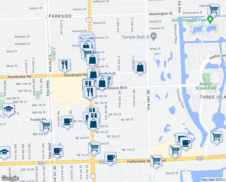 map of restaurants, bars, coffee shops, grocery stores, and more near 900 Atlantic Shores Boulevard in Hallandale Beach