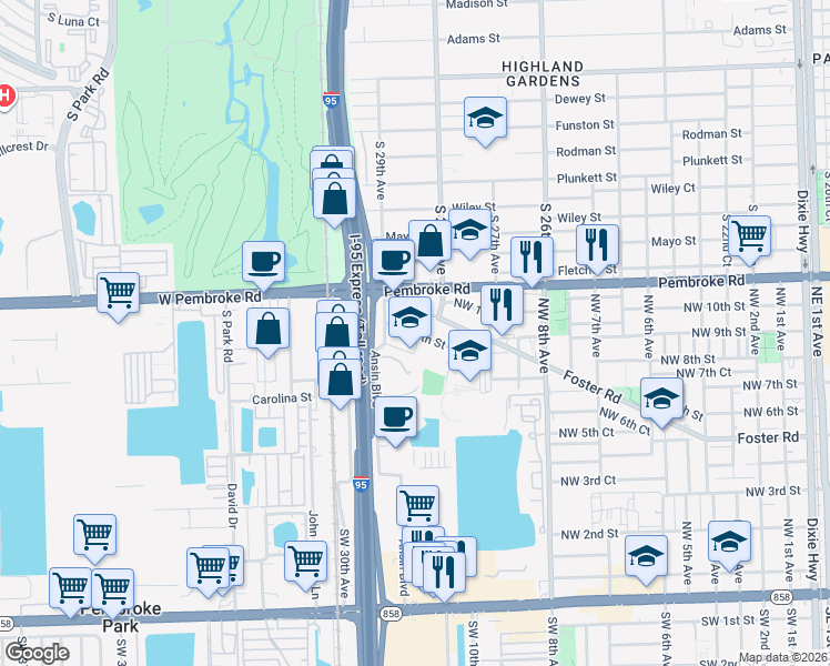 map of restaurants, bars, coffee shops, grocery stores, and more near 1043 Northwest 8th Street in Hallandale Beach