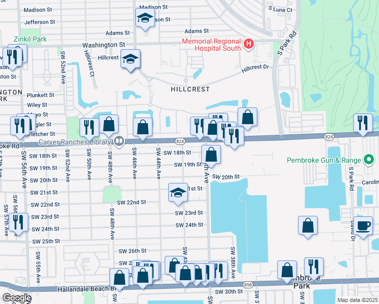 map of restaurants, bars, coffee shops, grocery stores, and more near 4200 Pembroke Road in Hollywood