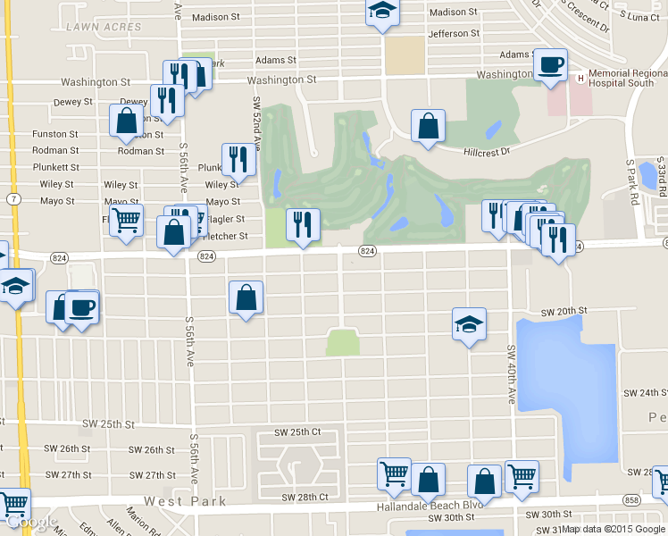 map of restaurants, bars, coffee shops, grocery stores, and more near 4800 Pembroke Road in Hollywood