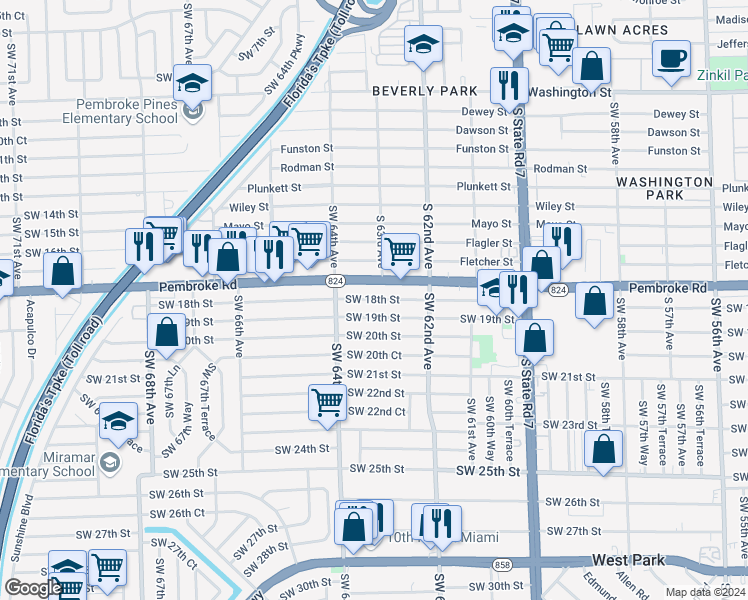 map of restaurants, bars, coffee shops, grocery stores, and more near 6319 Southwest 18th Street in Miramar