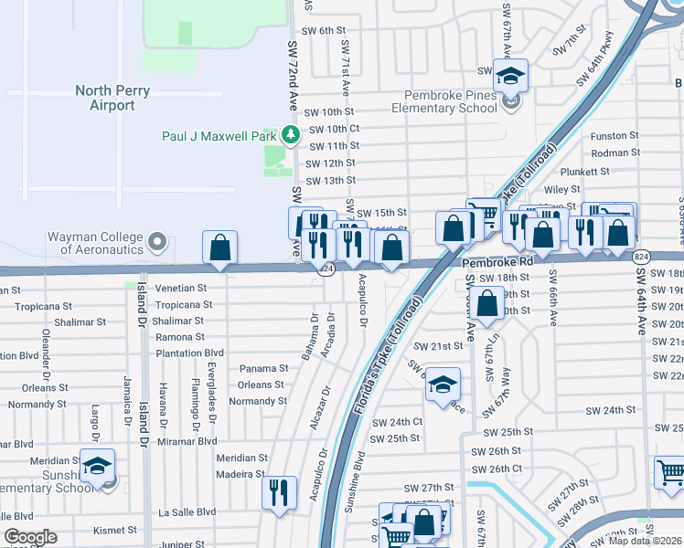 map of restaurants, bars, coffee shops, grocery stores, and more near in Pembroke Pines