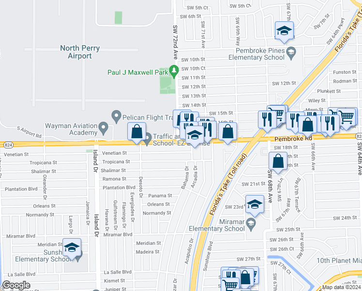 map of restaurants, bars, coffee shops, grocery stores, and more near 7151 Pembroke Road in Pembroke Pines