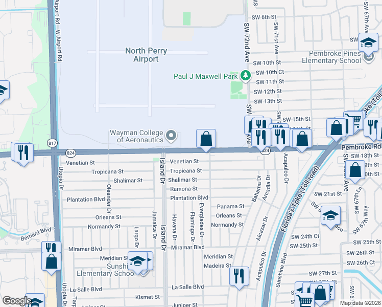 map of restaurants, bars, coffee shops, grocery stores, and more near 7491 South Airport Road in Pembroke Pines