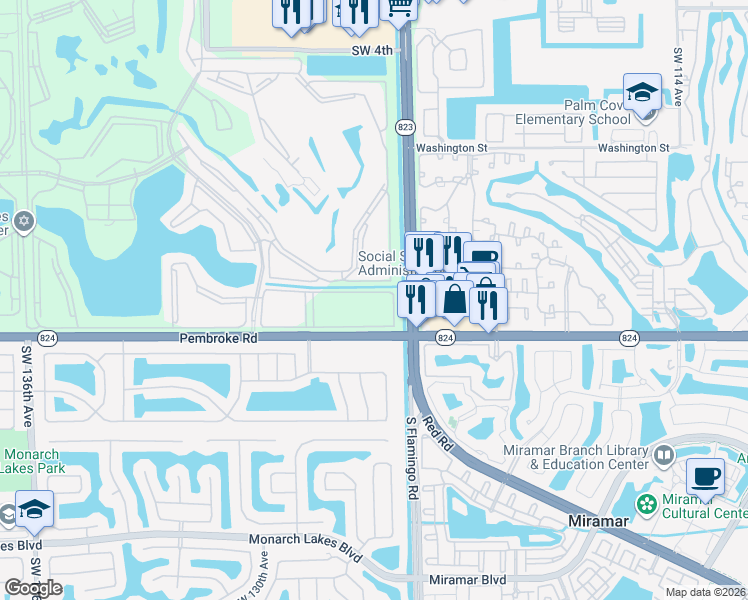 map of restaurants, bars, coffee shops, grocery stores, and more near 12550 Southwest 15th Street in Pembroke Pines