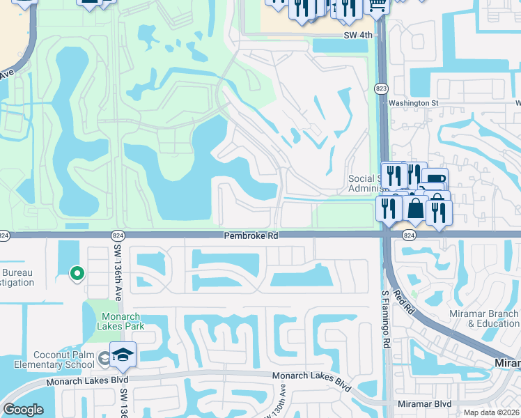 map of restaurants, bars, coffee shops, grocery stores, and more near 12901 Southwest 15th Court in Pembroke Pines