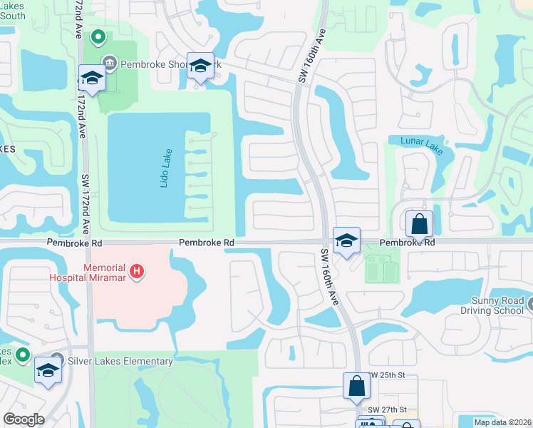 map of restaurants, bars, coffee shops, grocery stores, and more near 16336 Southwest 14th Street in Pembroke Pines