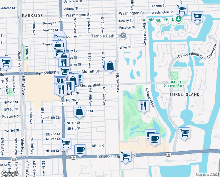 map of restaurants, bars, coffee shops, grocery stores, and more near 1250 Atlantic Shores Boulevard in Hallandale Beach