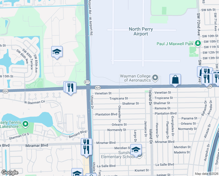 map of restaurants, bars, coffee shops, grocery stores, and more near 7912 Pembroke Road in Miramar